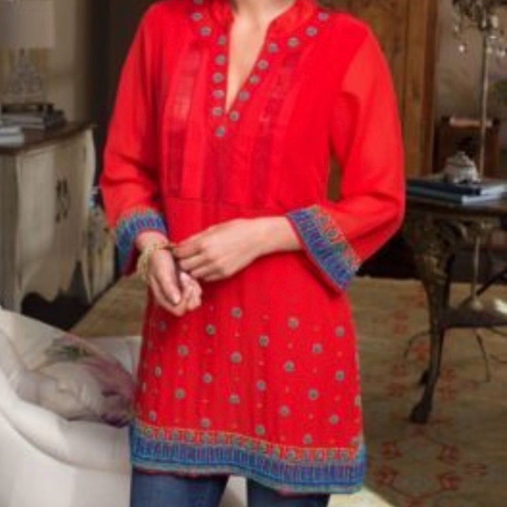 Soft Surroundings Red Embellished Tunic Dress Boho Resort Caftan Small
